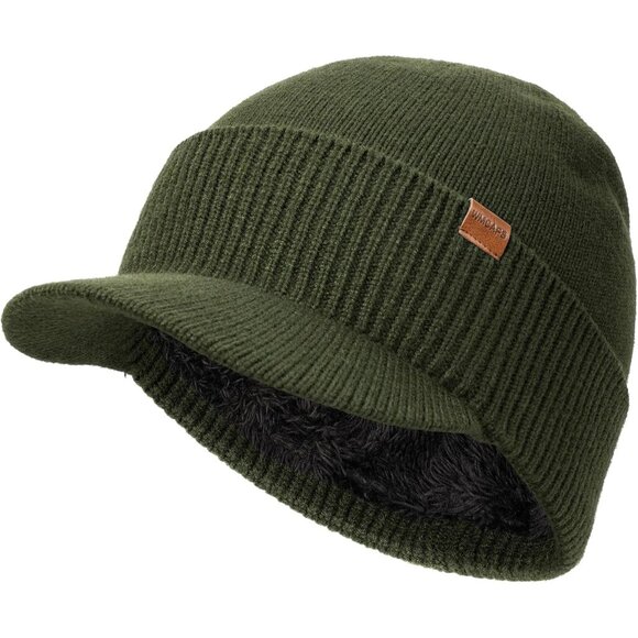 Mens Winter Beanie with Brim - Fleece Lined Thermal Knit Visor Hat for Cold Weat